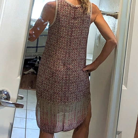 Charlie Jade lined peach-green-beige shift Dress, Sz M - Picture 4 of 12